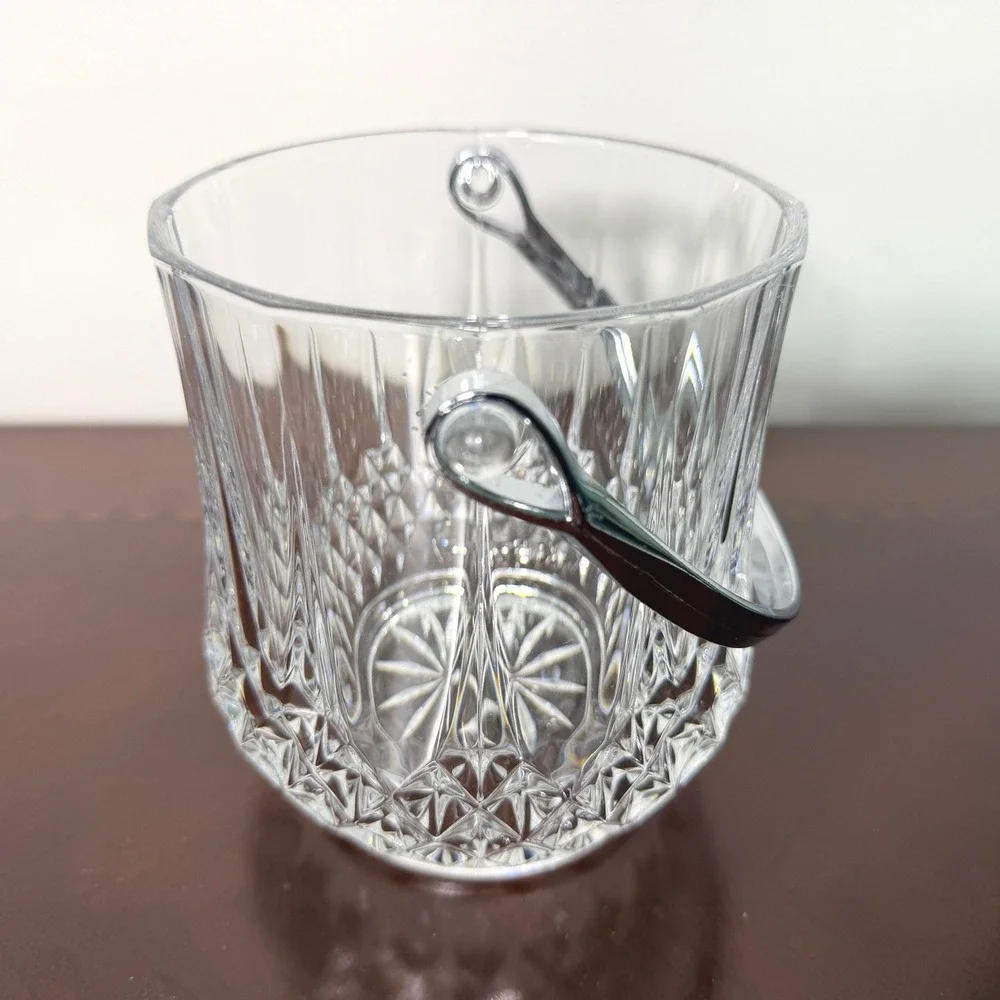 Vintage Cut Crystal Ice Bucket Chrome Handle & Tongs Starburst MCM Barware 5